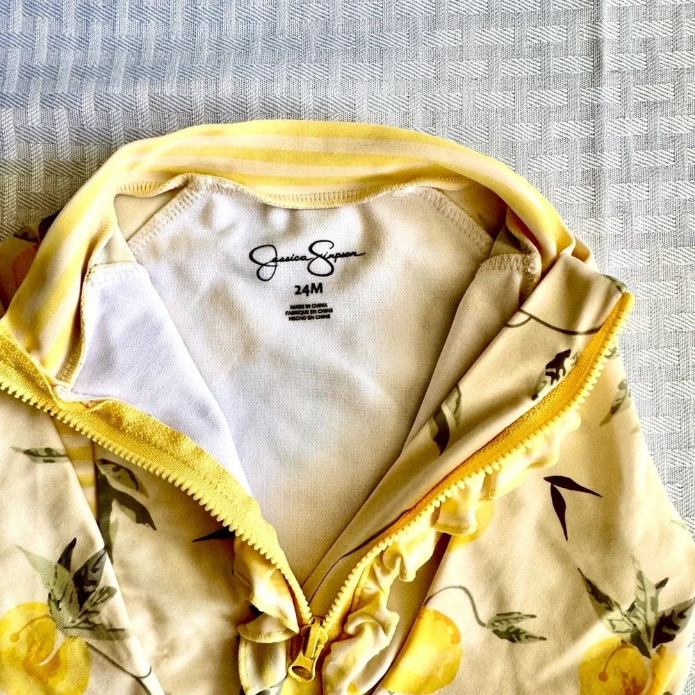 Jessica Simpson Toddler Girl Lemon Print Ruffle Rash Guard‎ Swimsuit Yellow 24M